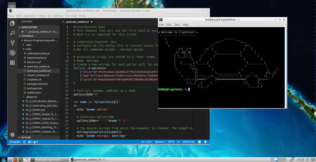 Cryptotux screenshot with a tutorial and a command-line interface